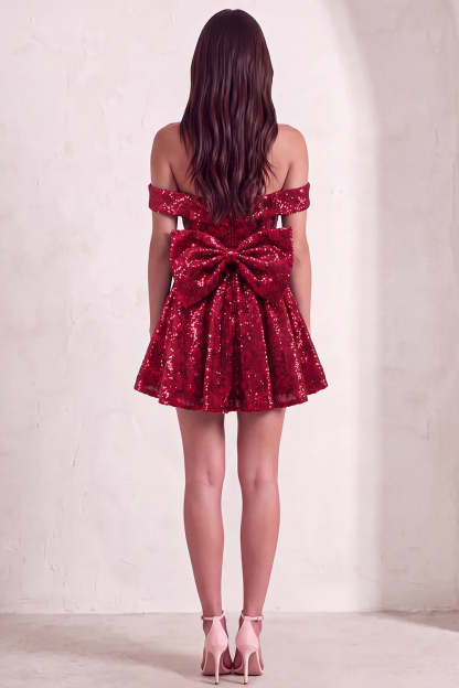 Sparkly Red Sequins Off the Shoulder A-Line Short Homecoming Dress with Bow