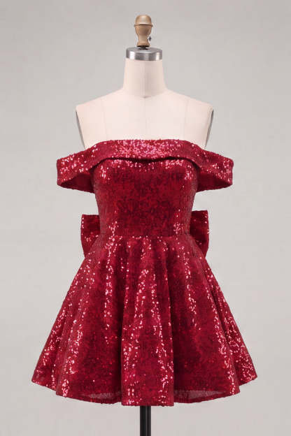 Sparkly Red Sequins Off the Shoulder A-Line Short Homecoming Dress with Bow