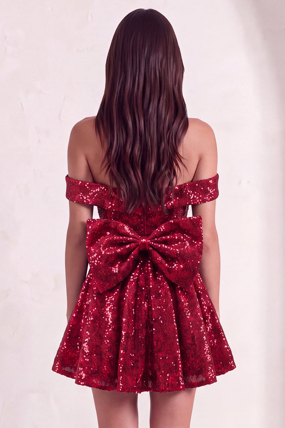 Sparkly Red Sequins Off the Shoulder A-Line Short Homecoming Dress with Bow
