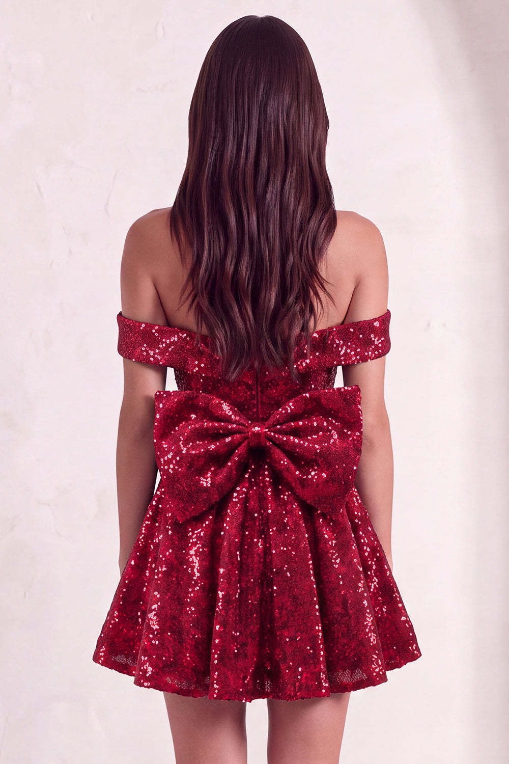 Sparkly Red Sequins Off the Shoulder A-Line Short Homecoming Dress with Bow