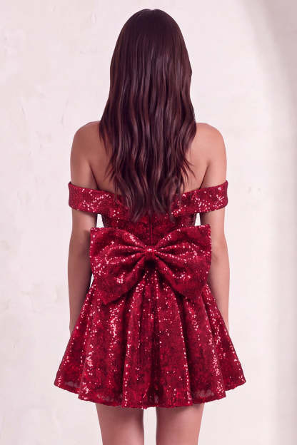Sparkly Red Sequins Off the Shoulder A-Line Short Homecoming Dress with Bow