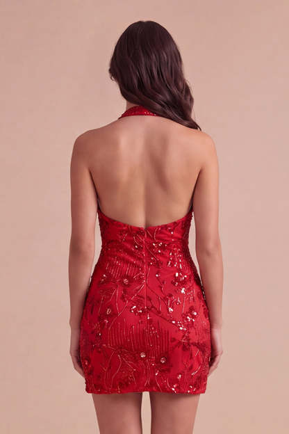 Black Sparkly Sequins Beaded Bodycon Halter Short Homecoming Dress