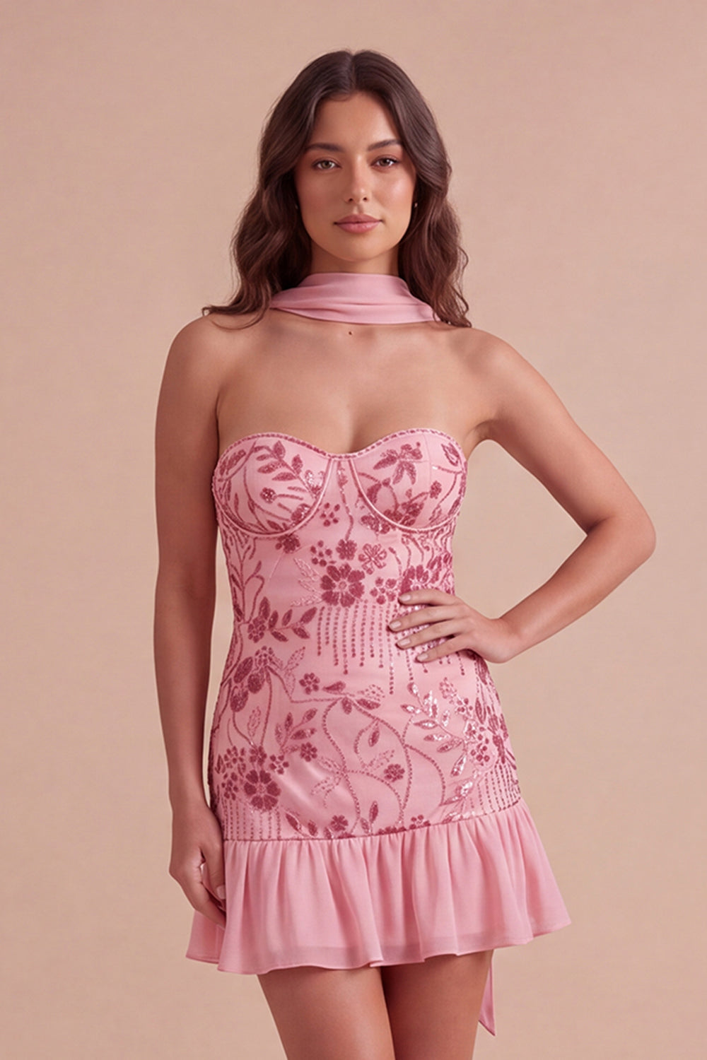 Leely Women Pink Sparkly Short Sequins Floral Homecoming Dress Corset Bodycon Strapless Ruffled Cocktail Dress with Neck Scarf Fall Wedding Guest Dress