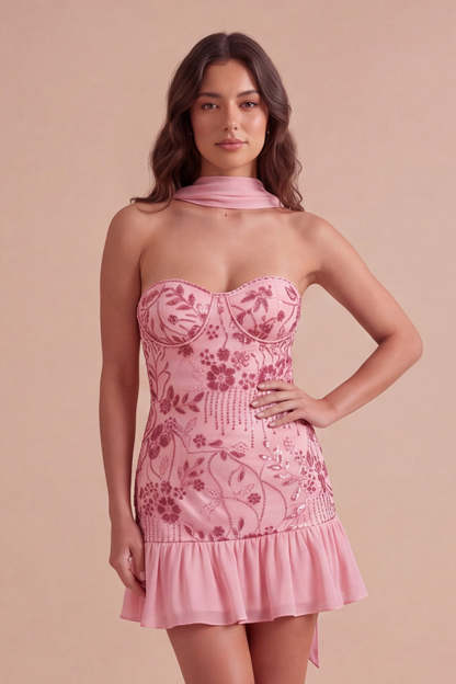 Leely Women Pink Sparkly Short Sequins Floral Homecoming Dress Corset Bodycon Strapless Ruffled Cocktail Dress with Neck Scarf Fall Wedding Guest Dress