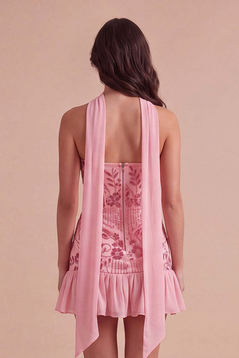 Leely Women Pink Sparkly Short Sequins Floral Homecoming Dress Corset Bodycon Strapless Ruffled Cocktail Dress with Neck Scarf Fall Wedding Guest Dress