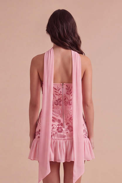 Leely Women Pink Sparkly Short Sequins Floral Homecoming Dress Corset Bodycon Strapless Ruffled Cocktail Dress with Neck Scarf Fall Wedding Guest Dress