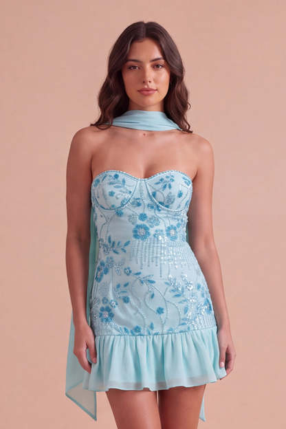Sparkly Pink Corset Floral Strapless Ruffled Short Homecoming Dress with Neck Scarf