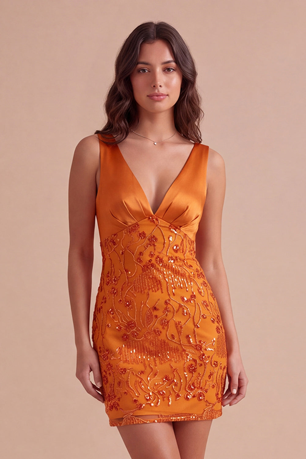 Leely Women Sparkly Sequins Orange Short Homecoming Dress V-Neck Bodycon Beaded Cocktail Dress with Beading Wedding Guest Dress Fall