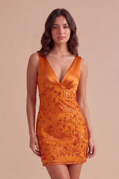 Leely Women Sparkly Sequins Orange Short Homecoming Dress V-Neck Bodycon Beaded Cocktail Dress with Beading Wedding Guest Dress Fall