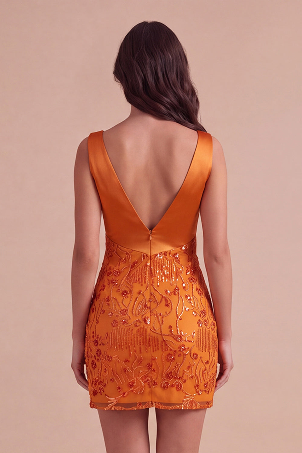Leely Women Sparkly Sequins Orange Short Homecoming Dress V-Neck Bodycon Beaded Cocktail Dress with Beading Wedding Guest Dress Fall