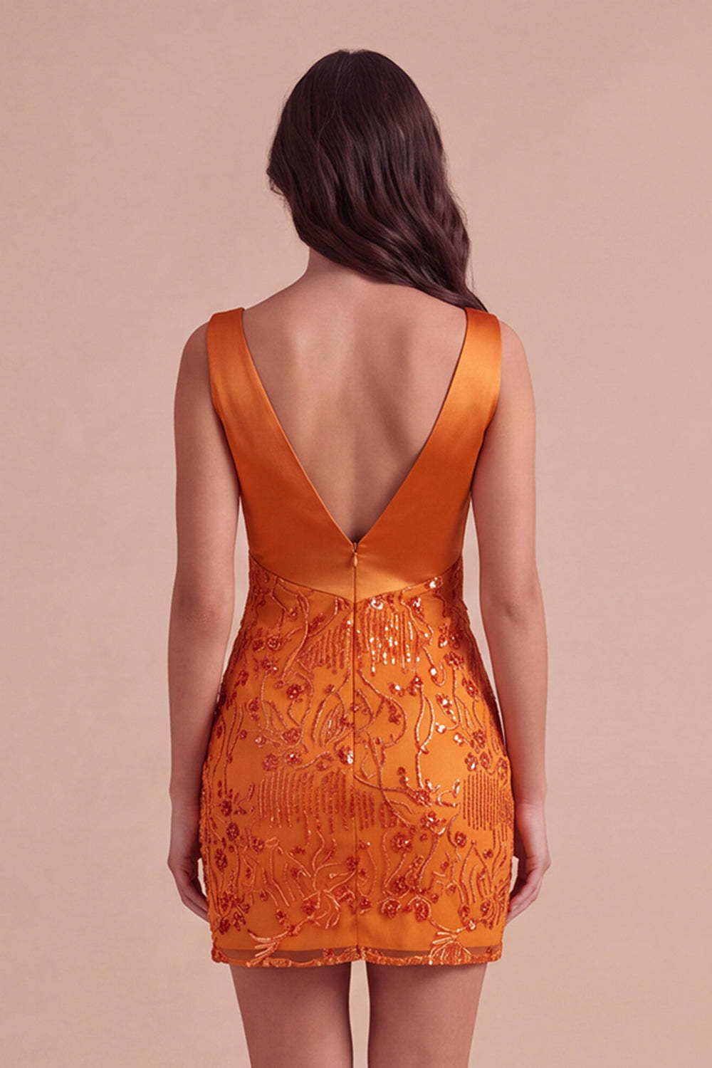 Leely Women Sparkly Sequins Orange Short Homecoming Dress V-Neck Bodycon Beaded Cocktail Dress with Beading Wedding Guest Dress Fall