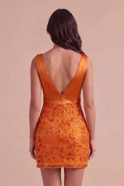 Leely Women Sparkly Sequins Orange Short Homecoming Dress V-Neck Bodycon Beaded Cocktail Dress with Beading Wedding Guest Dress Fall