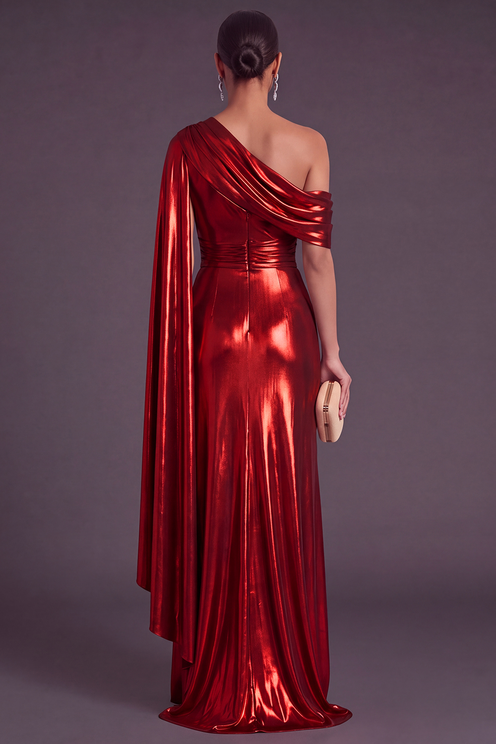 Gold Metallic One Shlouder Mermaid Ruched Long Formal Dress with Slit