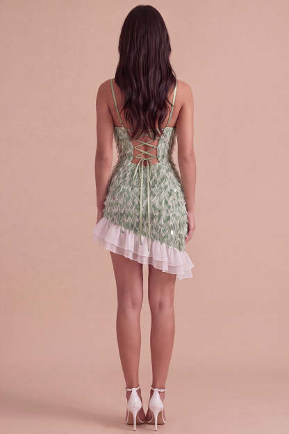 Sparkly Sequins Green Bodycon Spaghetti Straps Ruffled Asymmetrical Homecoming Dress with Feather