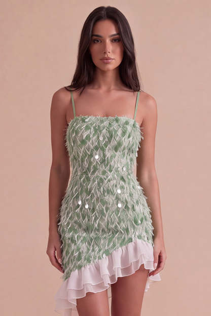 Leely Women Sparkly Sequins Ruffled Green Asymmetrical Homecoming Dress Bodycon Spaghetti Straps Lace Up Cocktail Dress with Feather