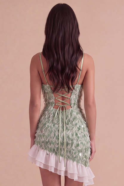 Sparkly Sequins Green Bodycon Spaghetti Straps Ruffled Asymmetrical Homecoming Dress with Feather
