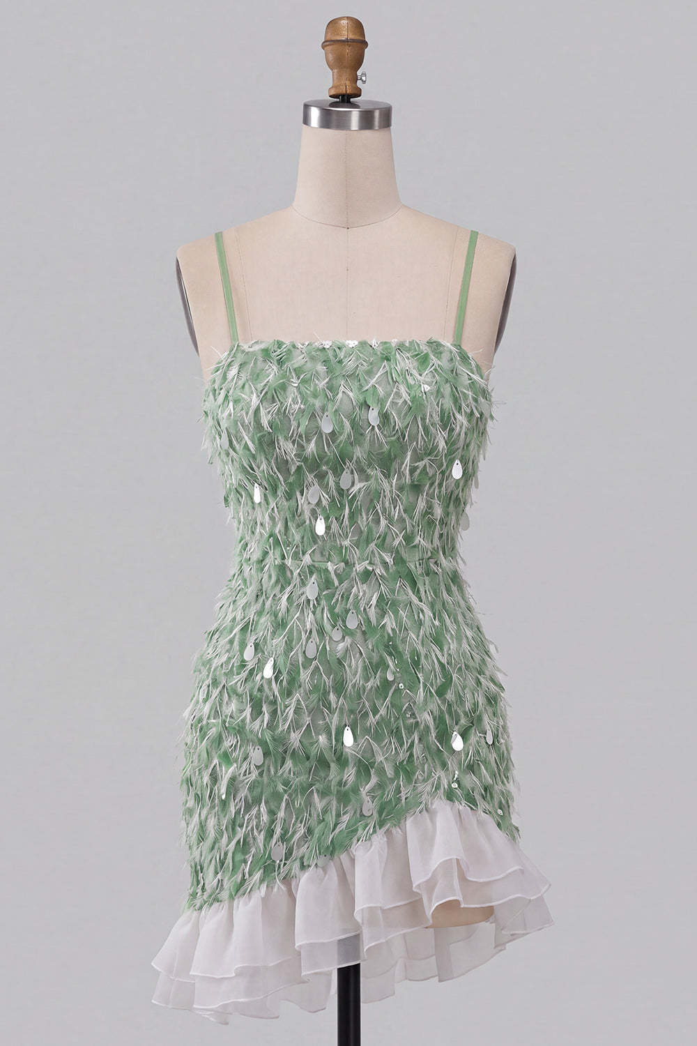 Sparkly Sequins Green Bodycon Spaghetti Straps Ruffled Asymmetrical Homecoming Dress with Feather