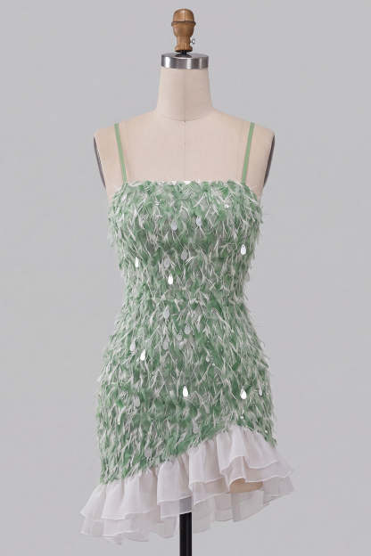 Sparkly Sequins Green Bodycon Spaghetti Straps Ruffled Asymmetrical Homecoming Dress with Feather