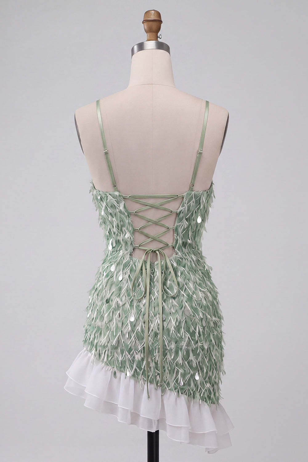 Sparkly Sequins Green Bodycon Spaghetti Straps Ruffled Asymmetrical Homecoming Dress with Feather