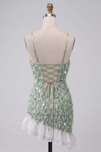 Sparkly Sequins Green Bodycon Spaghetti Straps Ruffled Asymmetrical Homecoming Dress with Feather