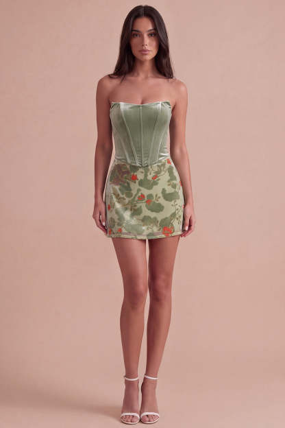 Corset Dusty Sage Floral Velvet Strapless Short Homecoming Dress
