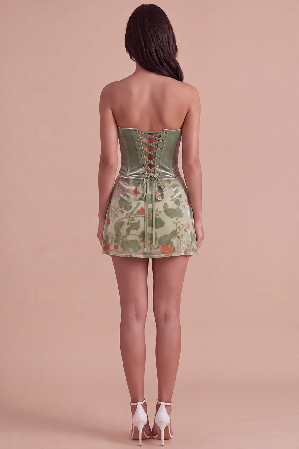 Corset Dusty Sage Floral Velvet Strapless Short Homecoming Dress