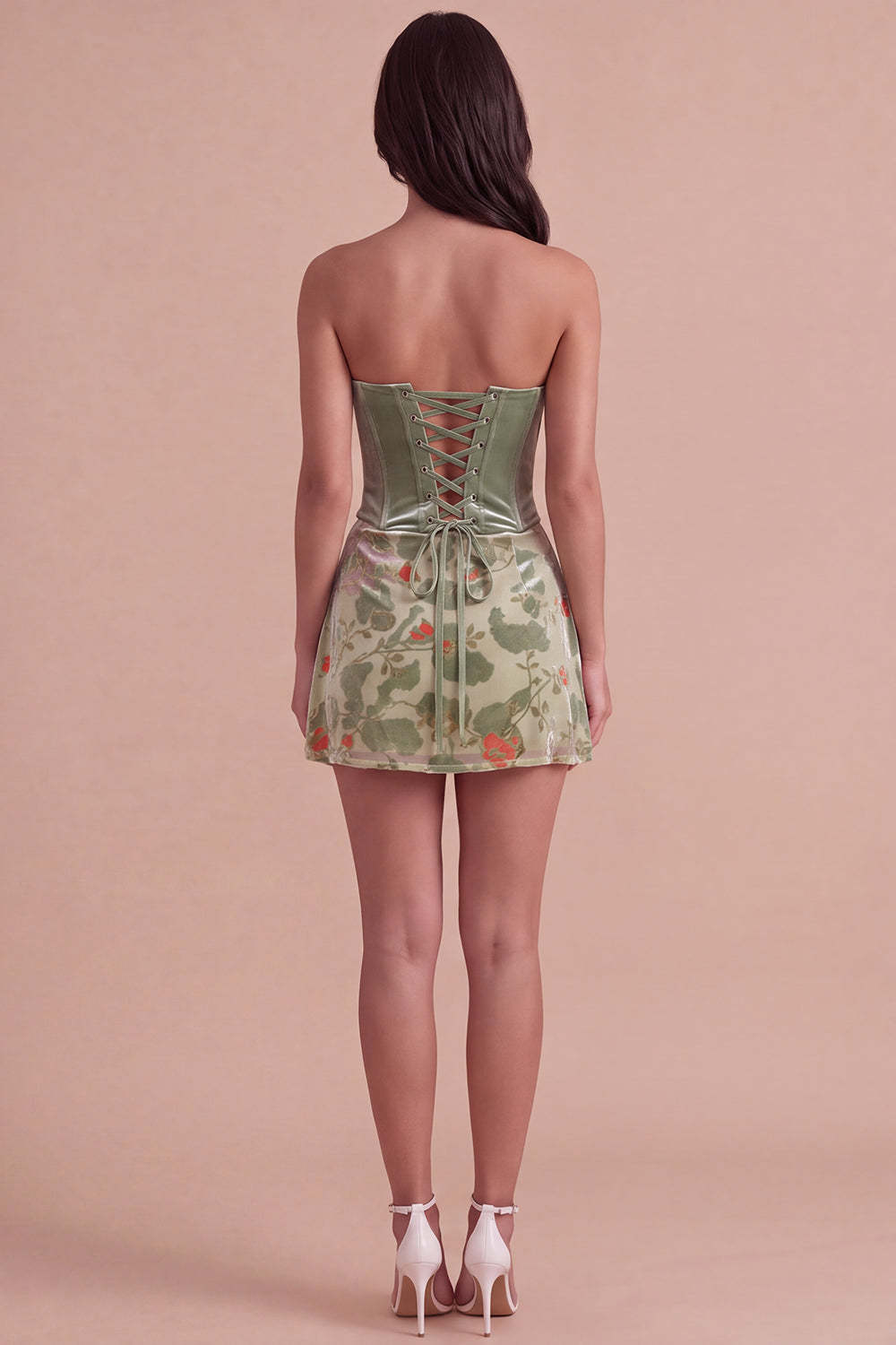 Corset Dusty Sage Floral Velvet Strapless Short Homecoming Dress