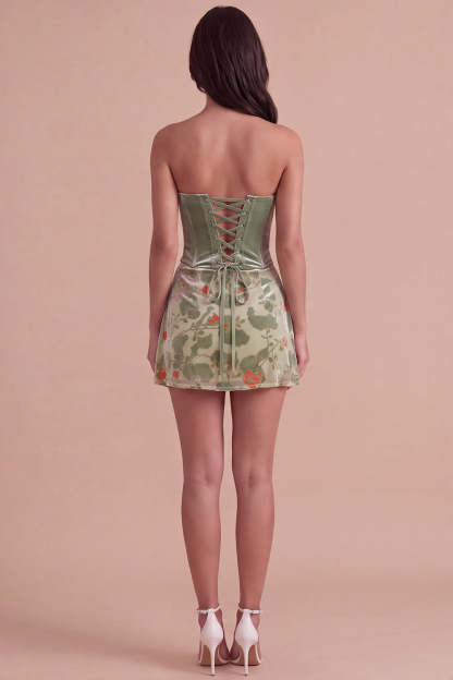 Corset Dusty Sage Floral Velvet Strapless Short Homecoming Dress