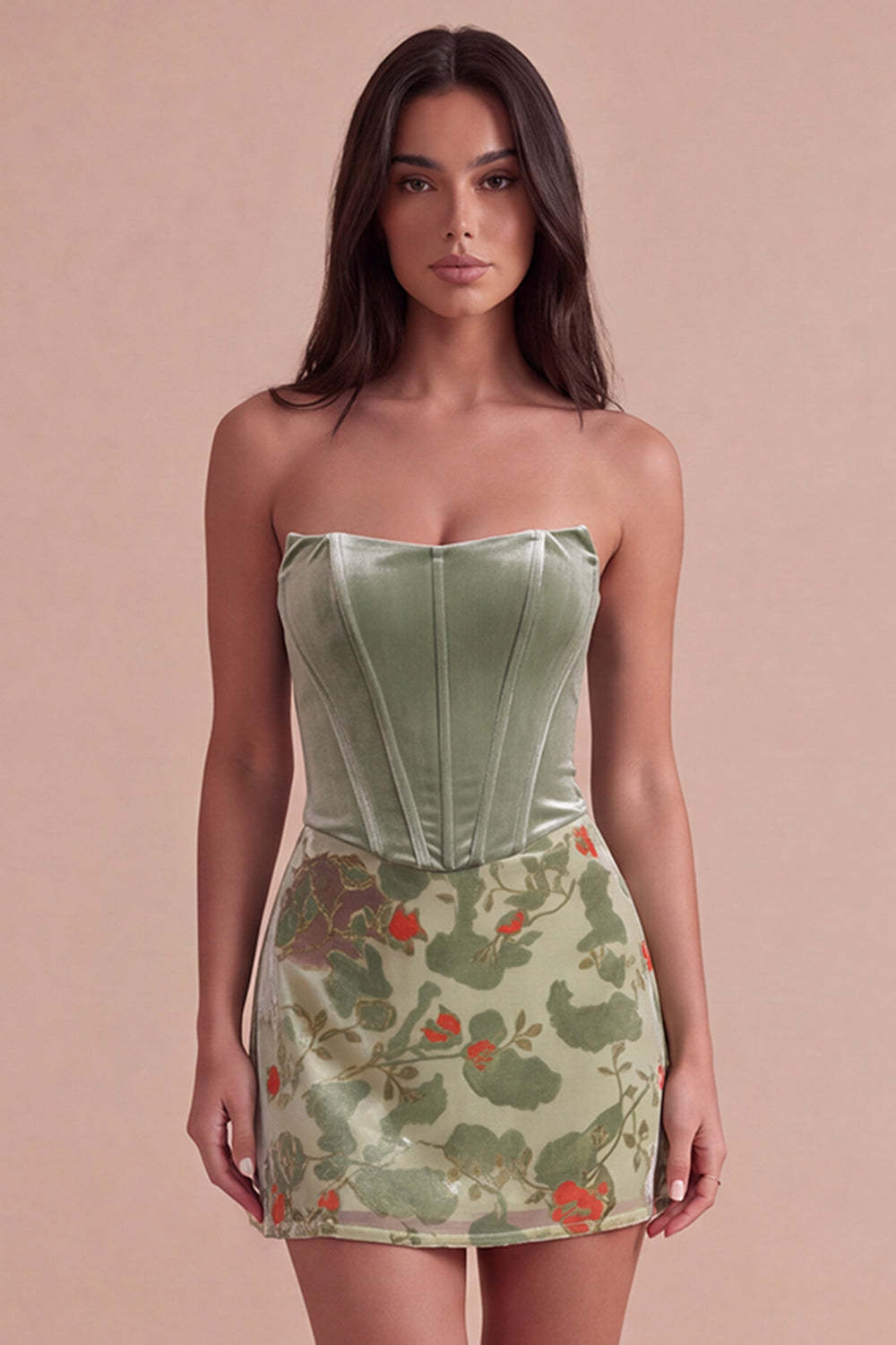 Leely Women Floral Dusty Sage Short Corset Homecoming Dress Velvet Bodycon Strapless Lace Up Cocktail Dress