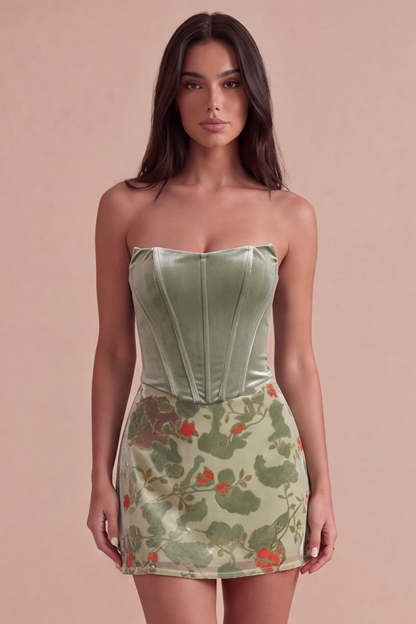 Leely Women Floral Dusty Sage Short Corset Homecoming Dress Velvet Bodycon Strapless Lace Up Cocktail Dress