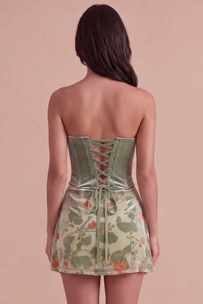 Corset Dusty Sage Floral Velvet Strapless Short Homecoming Dress