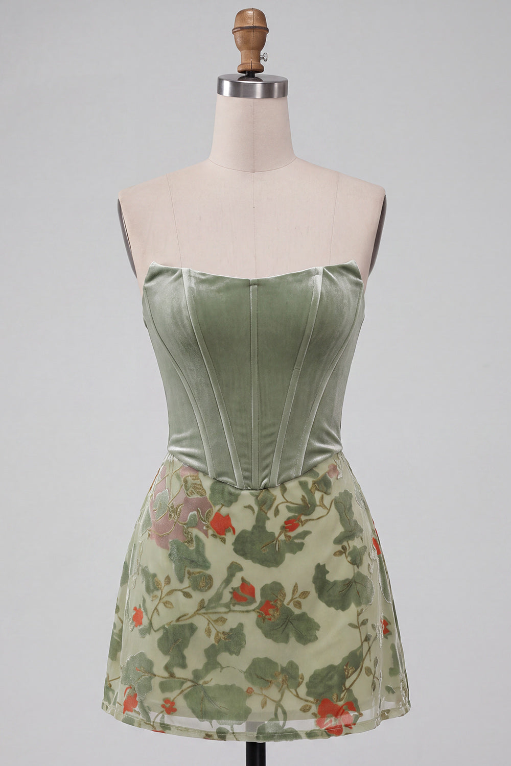 Corset Dusty Sage Floral Velvet Strapless Short Homecoming Dress
