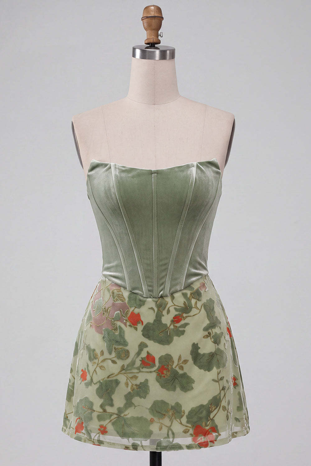 Corset Dusty Sage Floral Velvet Strapless Short Homecoming Dress