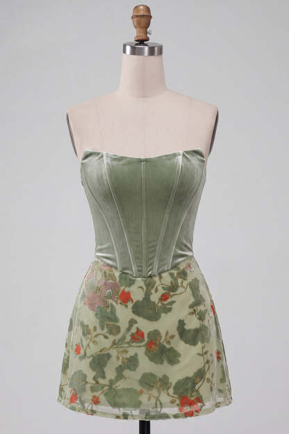 Corset Dusty Sage Floral Velvet Strapless Short Homecoming Dress