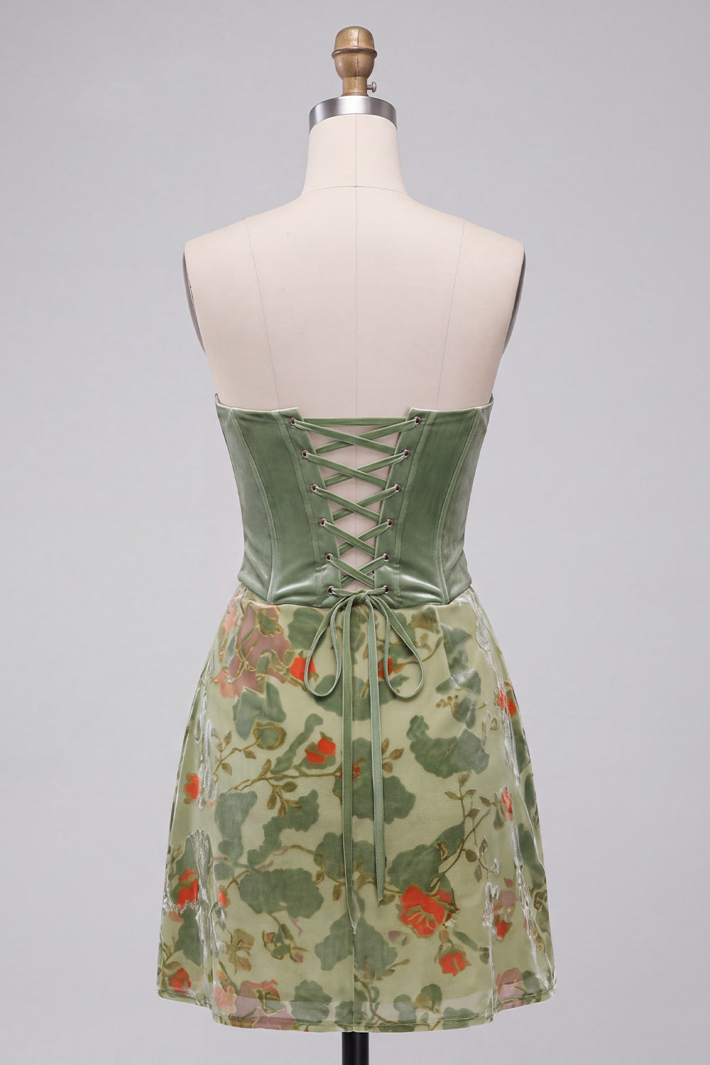 Corset Dusty Sage Floral Velvet Strapless Short Homecoming Dress