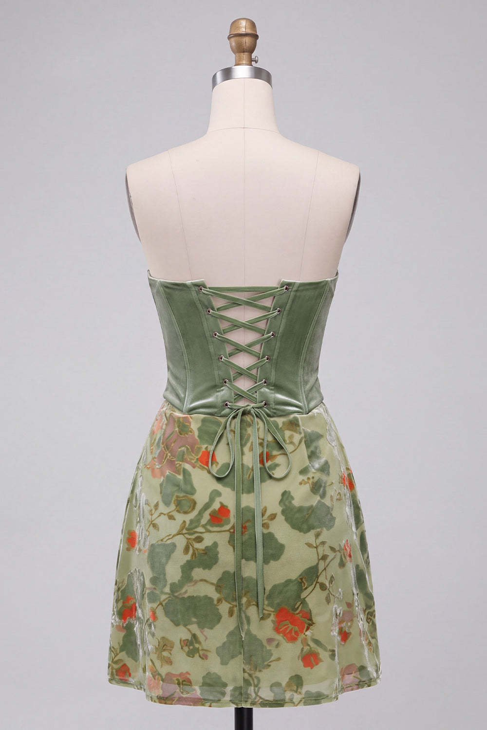 Corset Dusty Sage Floral Velvet Strapless Short Homecoming Dress