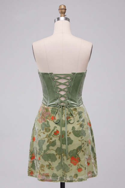 Corset Dusty Sage Floral Velvet Strapless Short Homecoming Dress