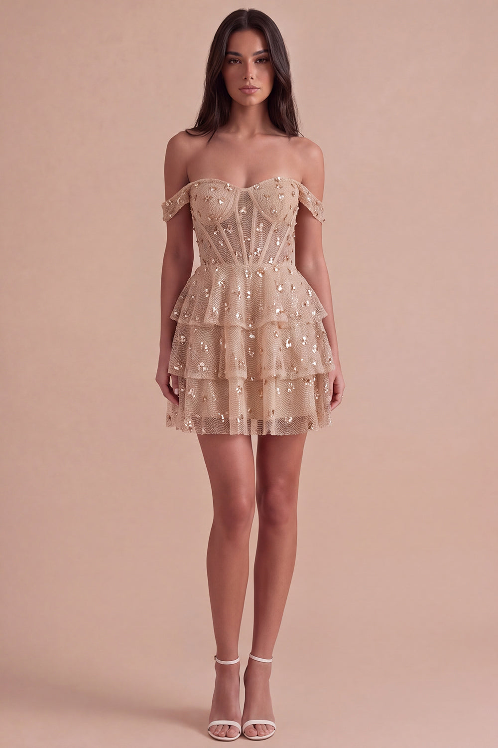 Sparkly Ruffled Sequins Champagne Corset Off the Shoulder Tiered Short Homecoming Dress