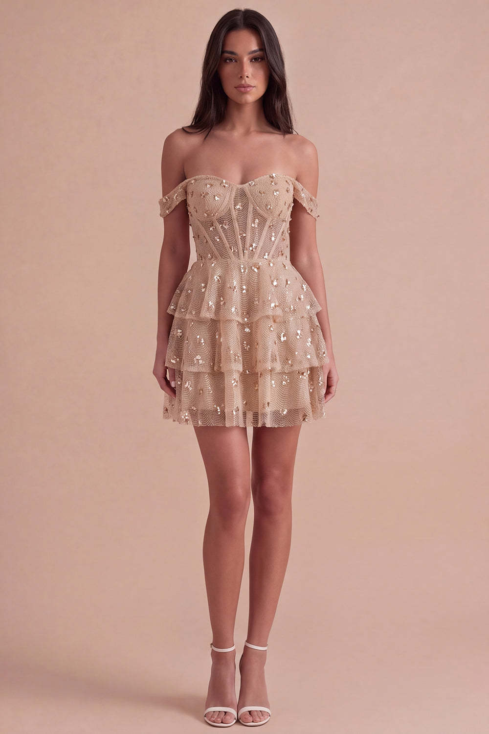 Sparkly Ruffled Sequins Champagne Corset Off the Shoulder Tiered Short Homecoming Dress