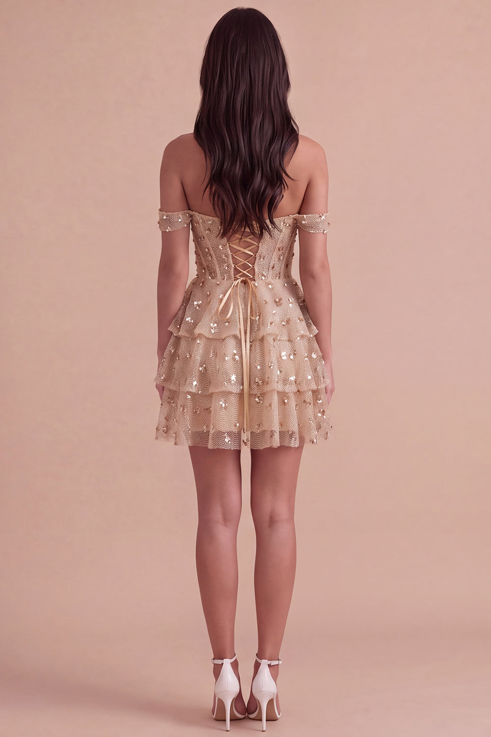Sparkly Ruffled Sequins Champagne Corset Off the Shoulder Tiered Short Homecoming Dress