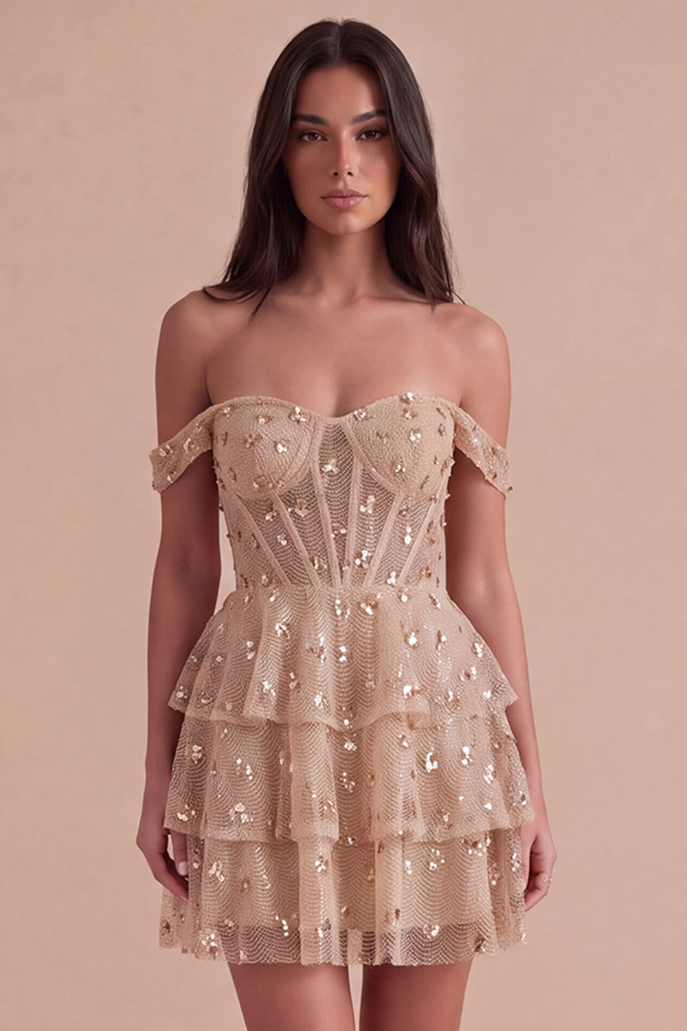sparkly off the shoulder a line tiered short party dress Leely Women Ruffled Champagne Sequins Corset Homecoming A-Line Lace The model is 58 fabric:crepe Strapless A-Line Back-laced Adjustable Size:US16W