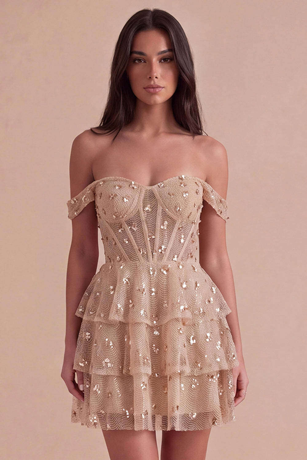 Leely Women Sparkly Ruffled Champagne Sequins Corset Short Homecoming Dress A-Line Off the Shoulder Lace Up Tiered Cocktail Dress