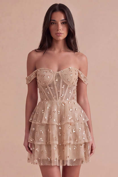 Leely Women Sparkly Ruffled Champagne Sequins Corset Short Homecoming Dress A-Line Off the Shoulder Lace Up Tiered Cocktail Dress