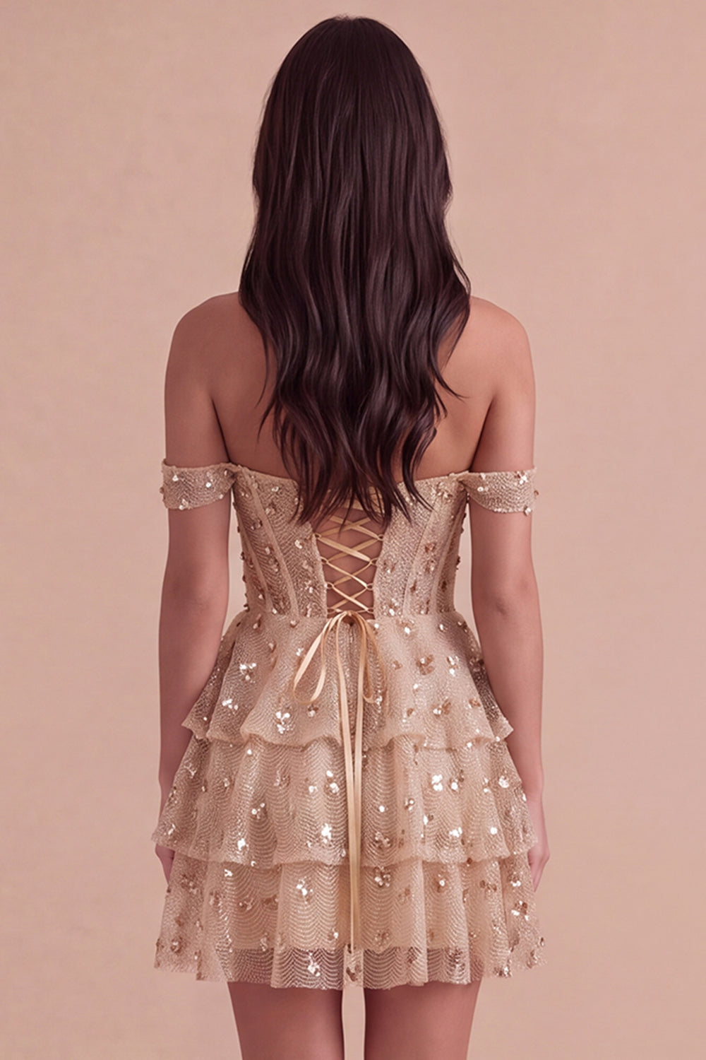 Sparkly Ruffled Sequins Champagne Corset Off the Shoulder Tiered Short Homecoming Dress