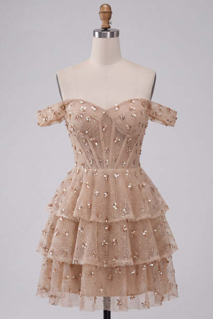 Sparkly Ruffled Sequins Champagne Corset Off the Shoulder Tiered Short Homecoming Dress