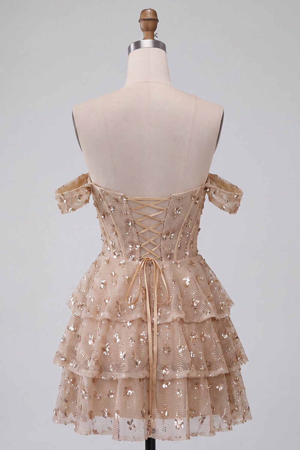 Sparkly Ruffled Sequins Champagne Corset Off the Shoulder Tiered Short Homecoming Dress