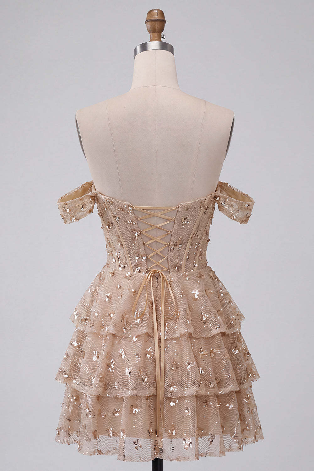 Sparkly Ruffled Sequins Champagne Corset Off the Shoulder Tiered Short Homecoming Dress