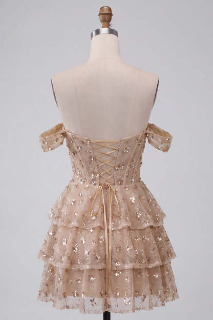 Sparkly Ruffled Sequins Champagne Corset Off the Shoulder Tiered Short Homecoming Dress