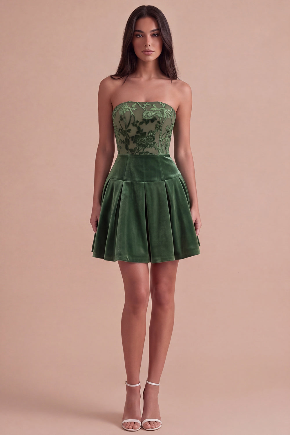 Floral Corset Dark Green Strapless Velvet Pleated Short Homecoming Dress