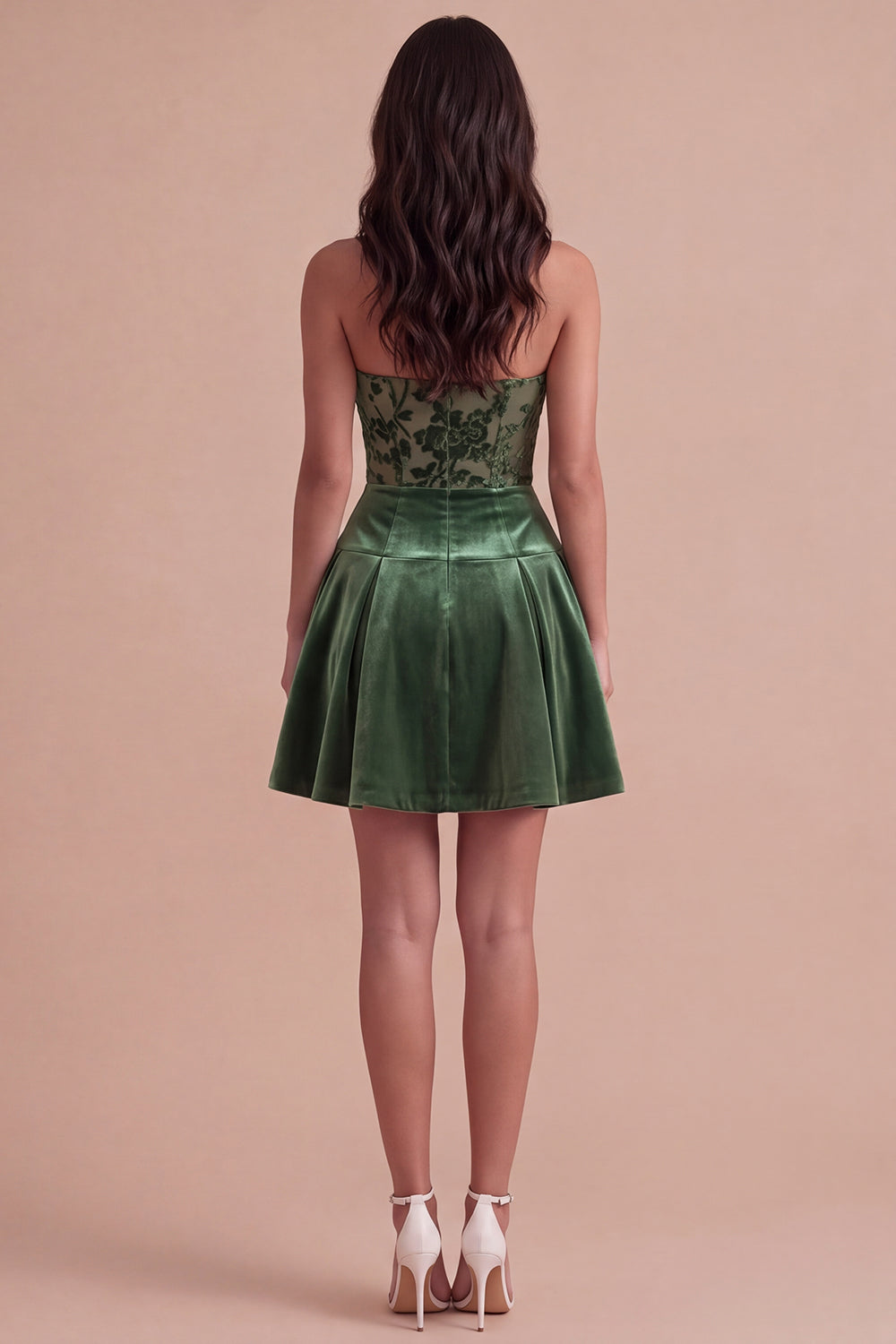 Floral Corset Dark Green Strapless Velvet Pleated Short Homecoming Dress